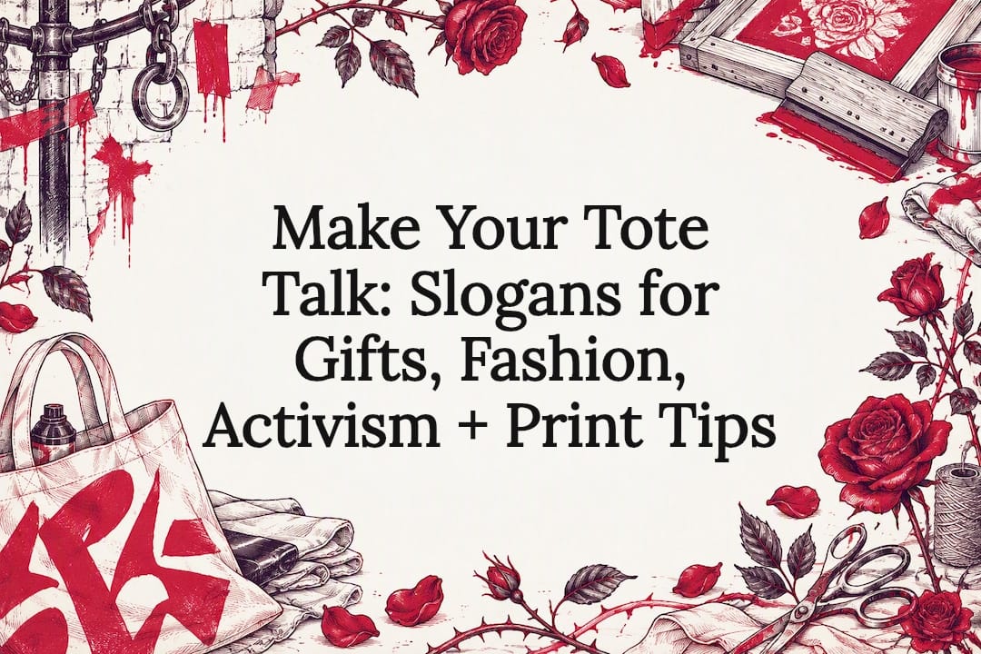 Decorative slogan tote title card